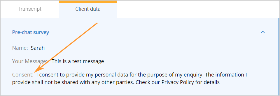 Consent text in the chat transcripts app Consent text in the chat transcripts app
