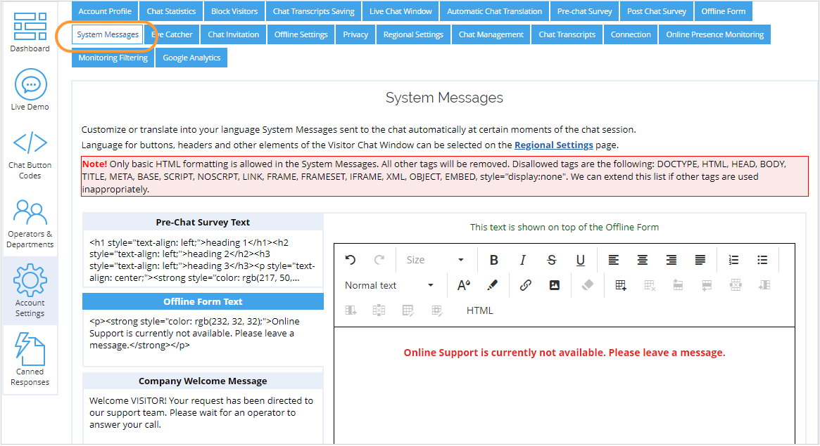 Live Chat System Messages page