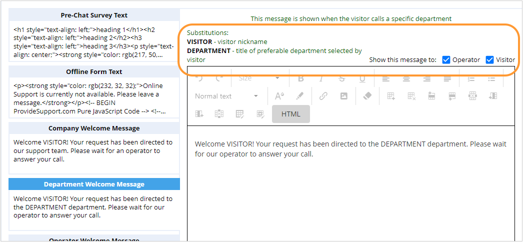 Live Chat Department Welcome Message