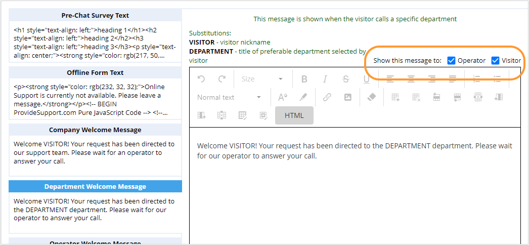 Visibility settings in a department welcome message