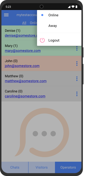 Switch to Away mode to become invisible for your customers but available for your agents Away mode in chat console for Android