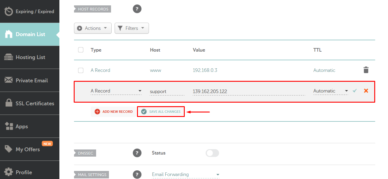 Screenshot of a subdomain configuration form in Namecheap admin panel