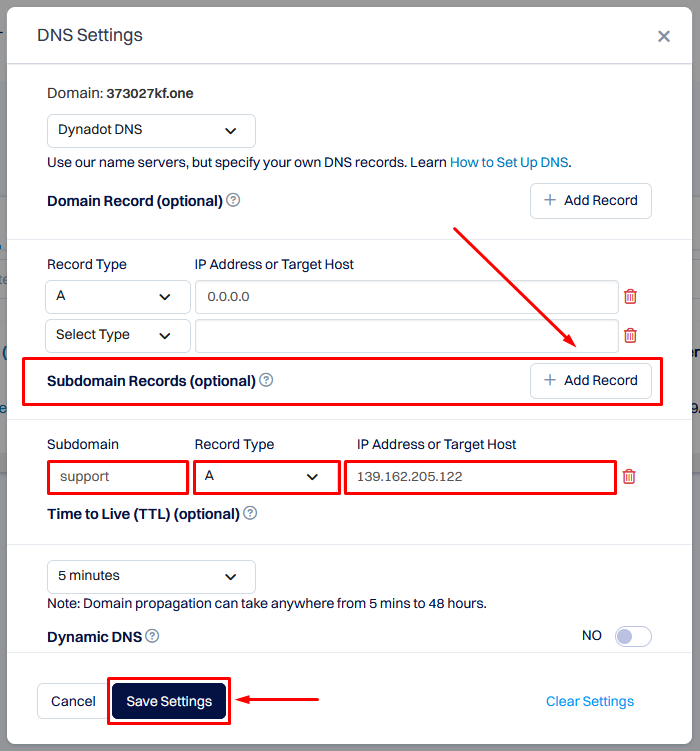 Screenshot of a DNS settings form in Dynadot admin panel