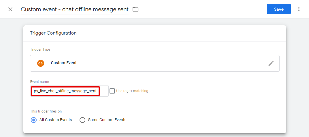 Screenshot of the configured trigger for offline message sent event