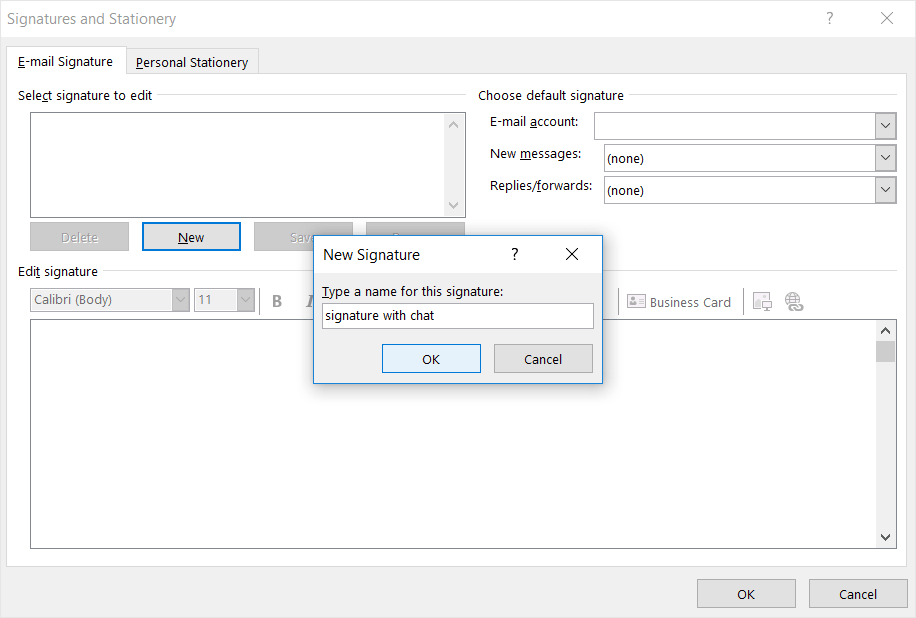 How to compose new Outlook signature with live chat