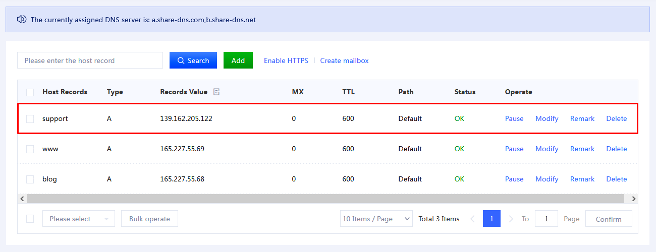 Screenshot of the ready-to use subdomain configured in GNAME