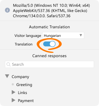 Screenshot of automatic chat translation block in Operator Console