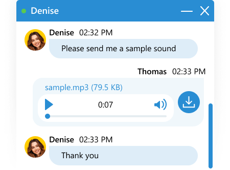 Your customers can listen to audio files and view video and images right in the chat Audio file preview