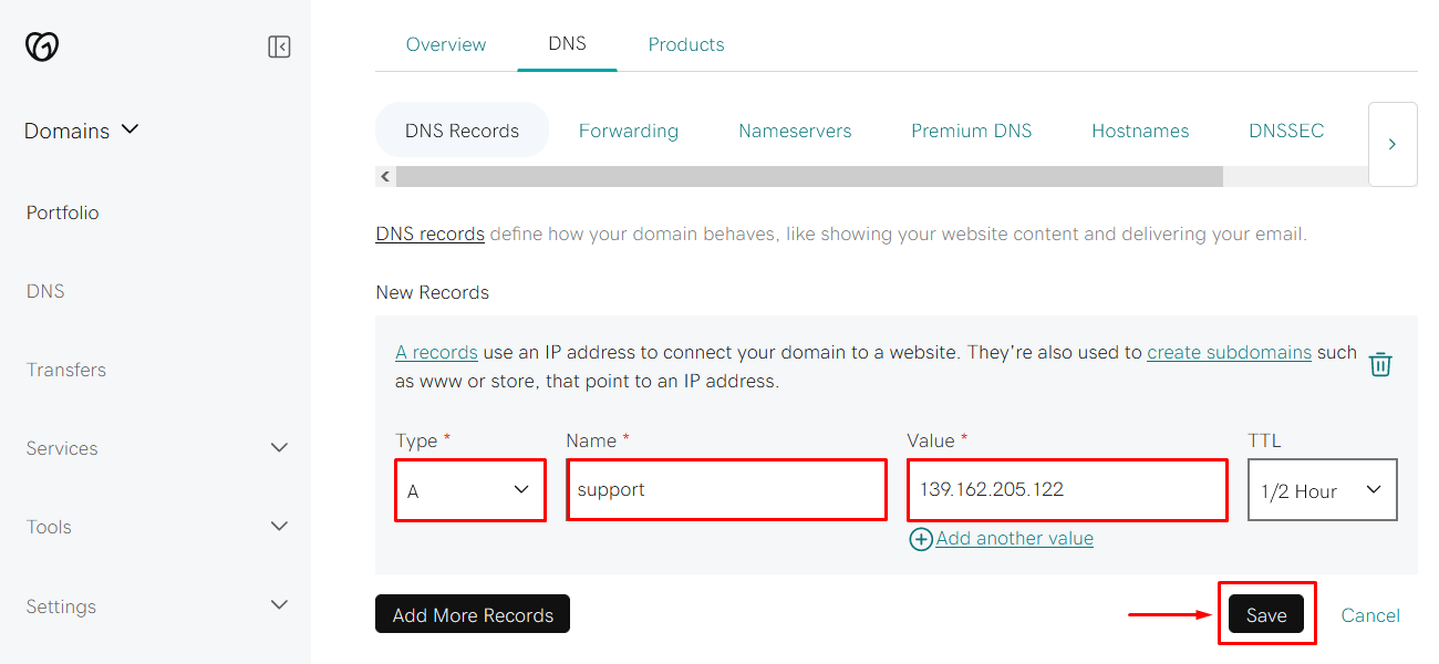 Screenshot of a subdomain setup form in GoDaddy admin panel