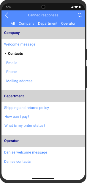 Canned responses screen in Android chat app