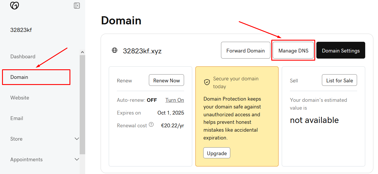 Screenshot of GoDaddy admin panel, Domains section